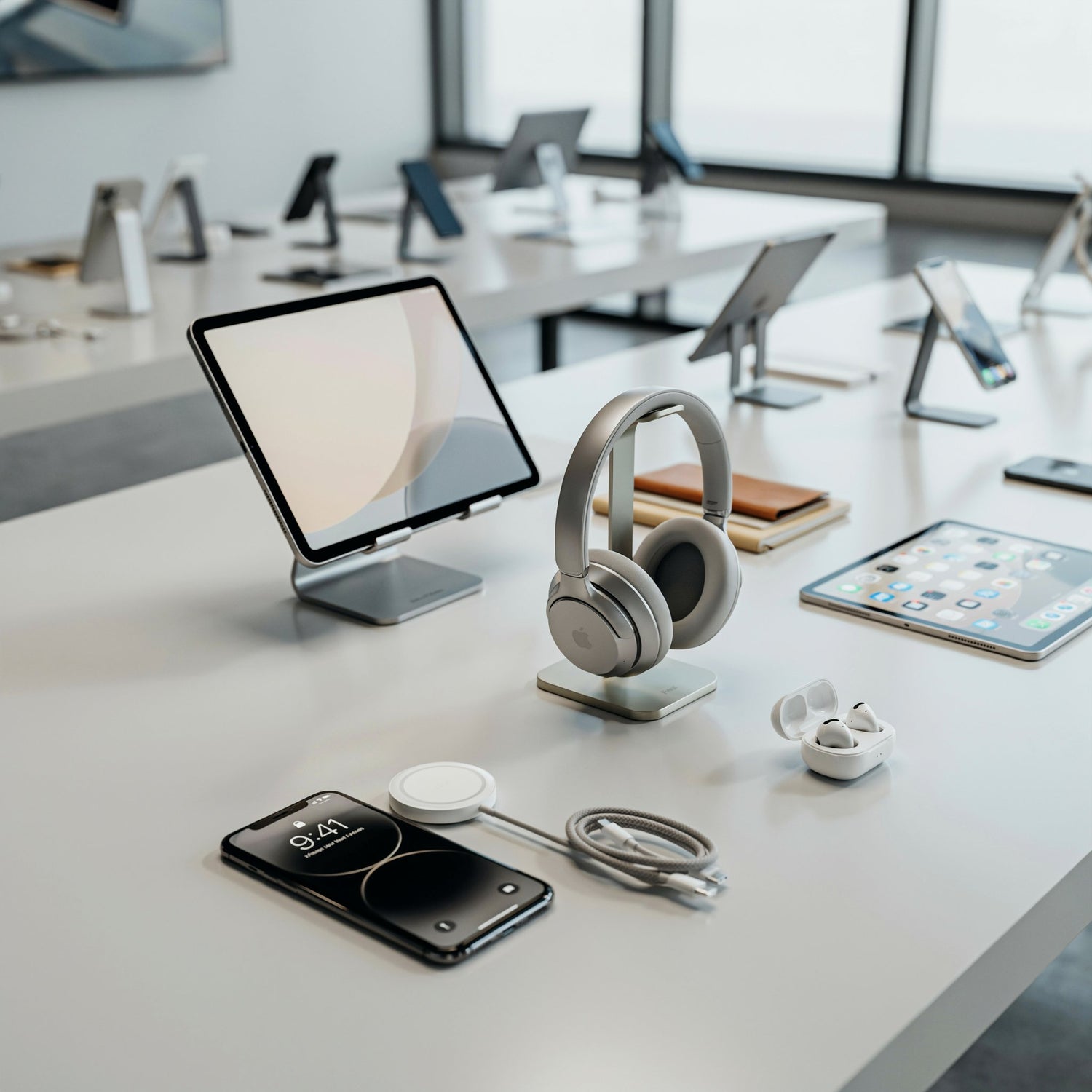 Modern office desk with electronic devices including headphones, phone, and tablet.